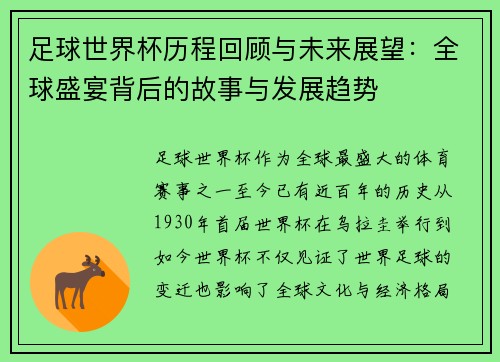 足球世界杯历程回顾与未来展望：全球盛宴背后的故事与发展趋势